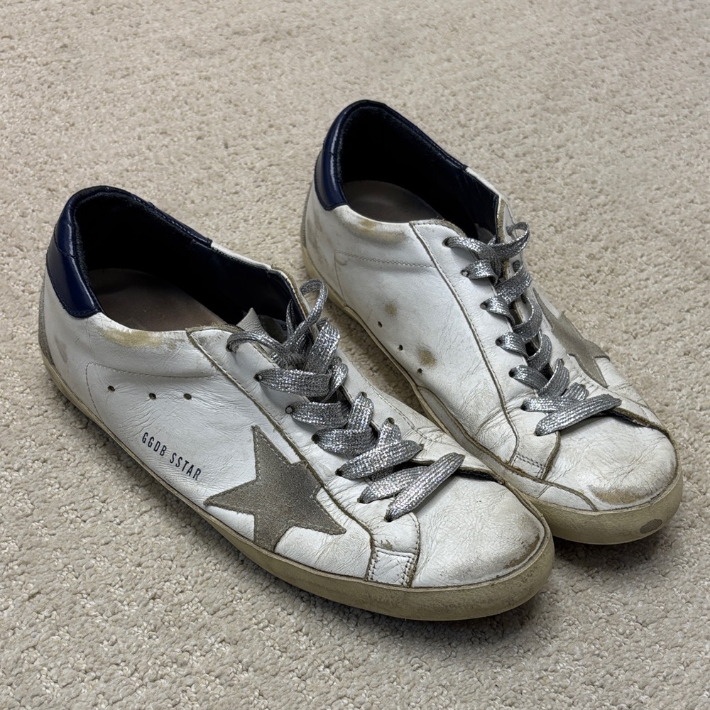 Golden Goose White and Navy Super Star Sneakers